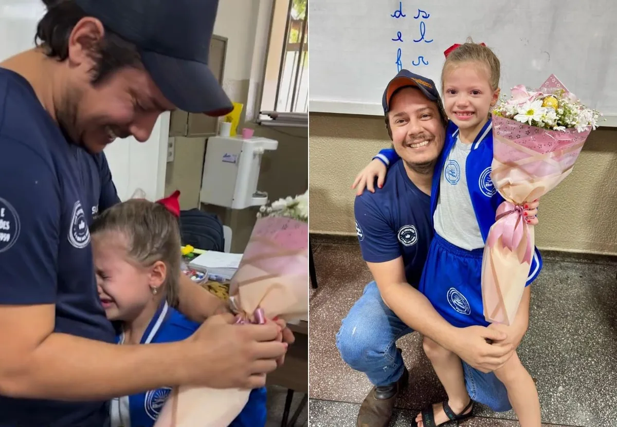 Menina se emociona ao receber flores do pai durante aniversário na escola