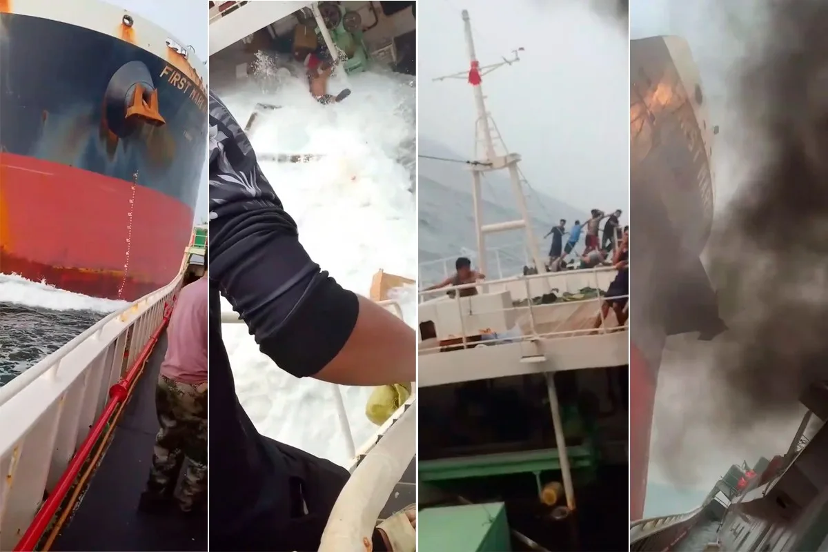 Colisão entre graneleiro e barco de pesca é registrada em vídeo