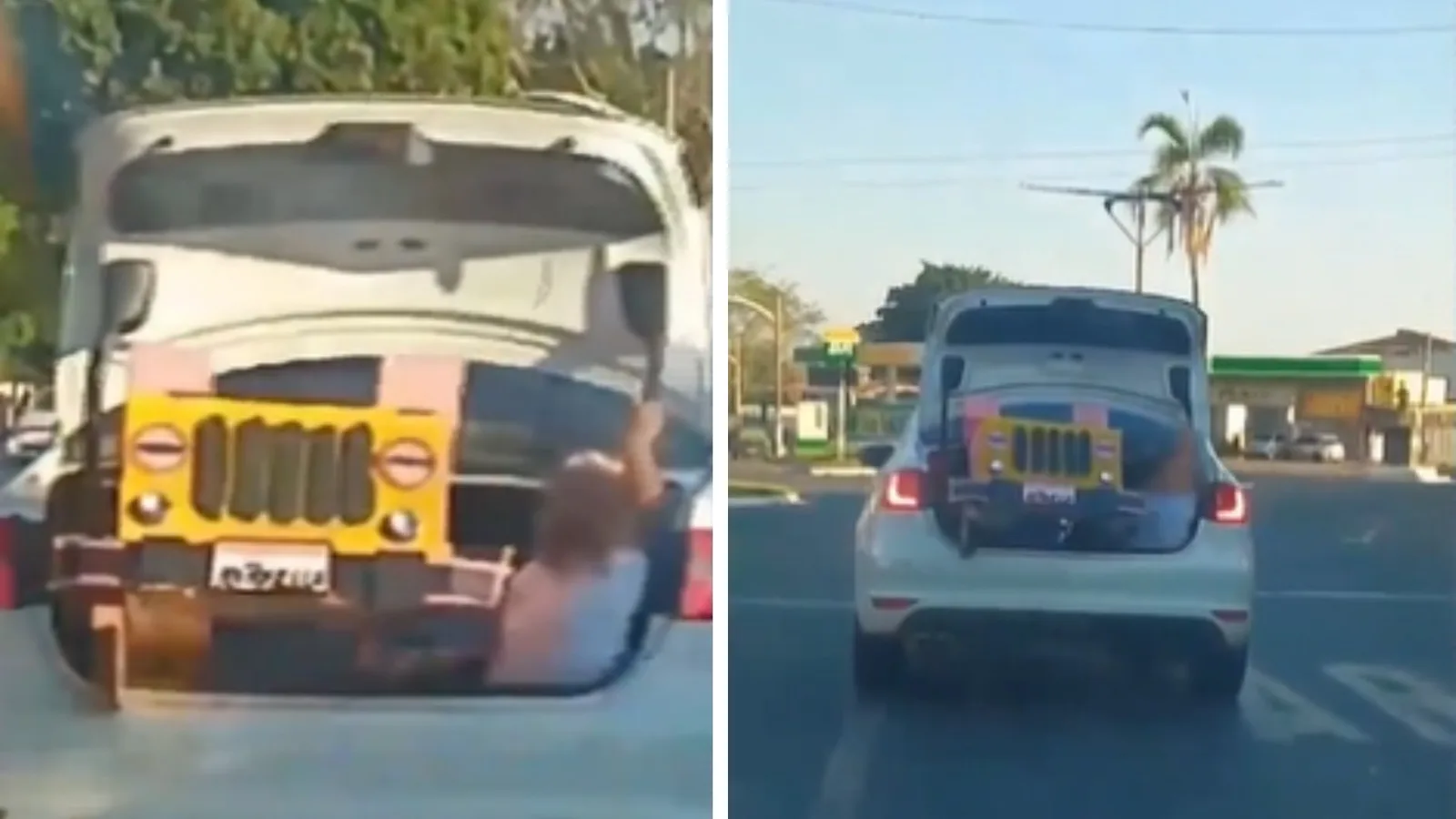 Vídeo mostra criança em porta-malas aberto durante transporte de maquete em Inhumas